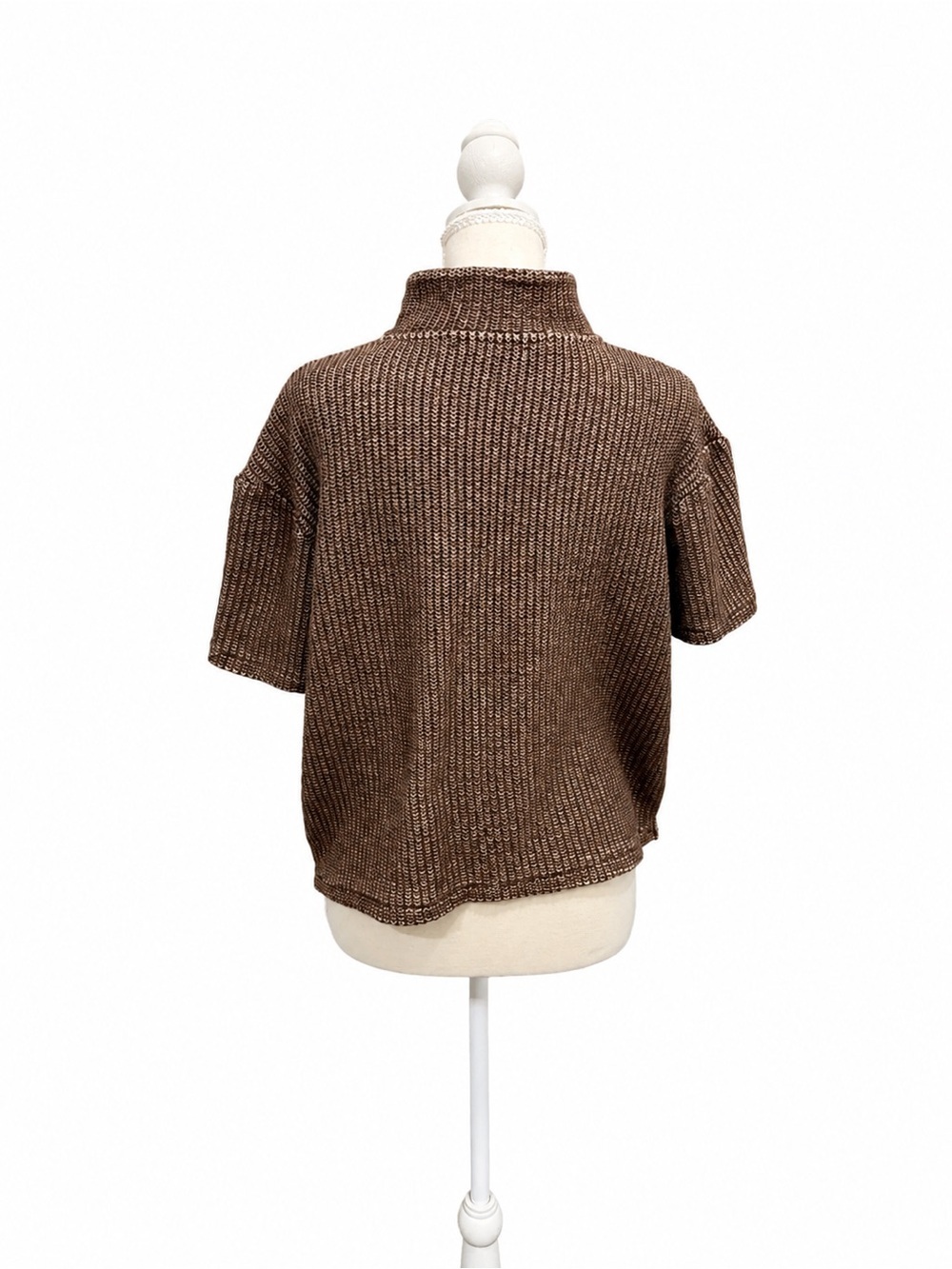 Zara Textured Knit Button Front Top Taupe Brown Short Sleeve Boxy Crop Large - Picture 2 of 3